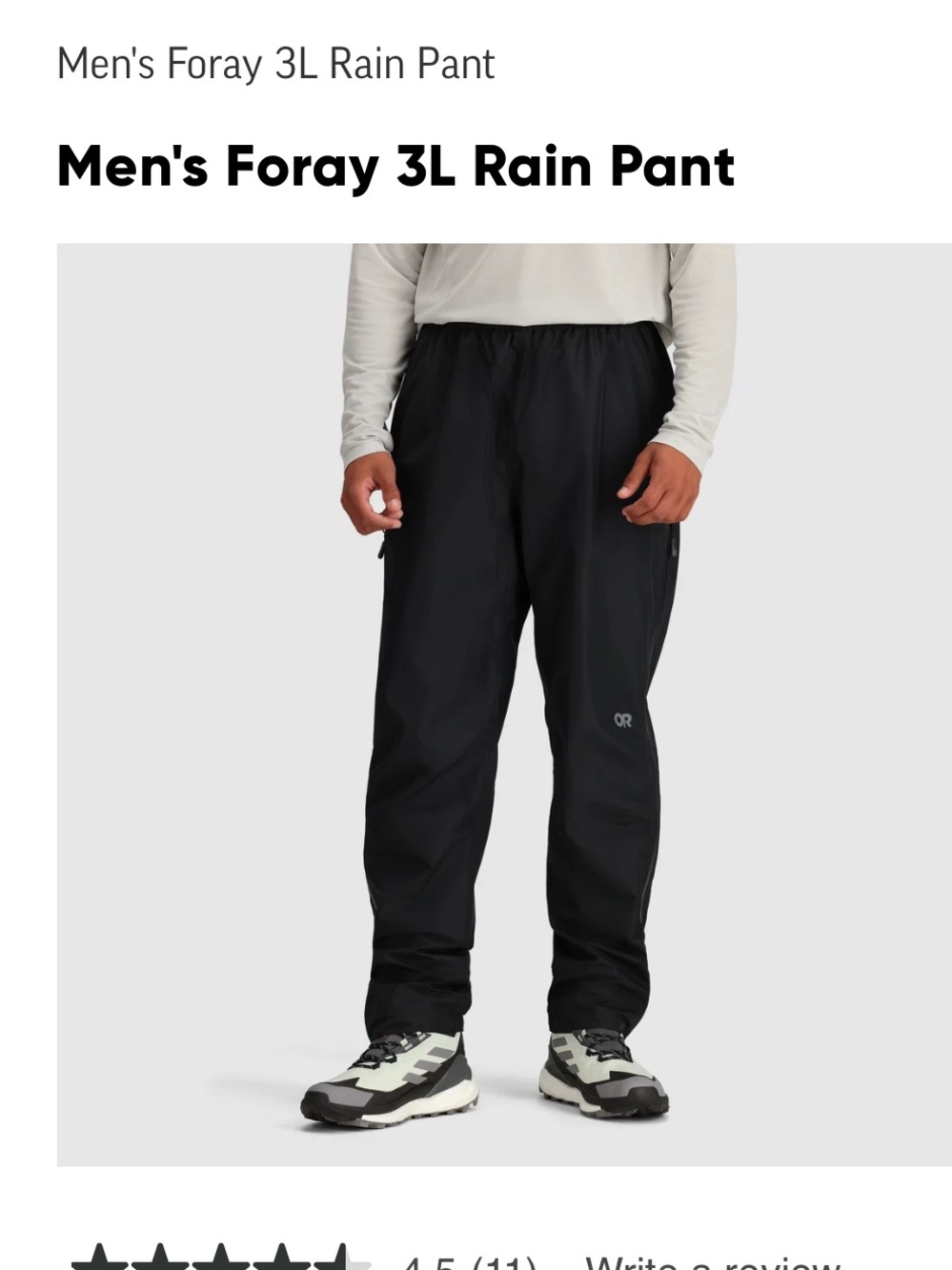 Outdoor Research Black Men’s Foray 3L Waterproof Rain Pants Large